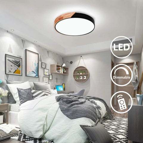 Modern bedroom with dimmable 15 inch round LED ceiling light with remote control, black wood metal acrylic blend, 3000K-6000K options