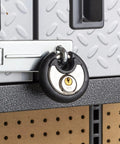 Heavy Duty 70mm Disc Padlock With Key Cut Resistant Stainless Steel Shackle on a storage cabinet latch