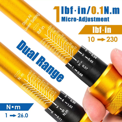 Close-up of a 50 Piece Master Bike Torque Wrench Set With One Quarter Inch Drive, 10 To 230 Inch Pound Range, Micro 0.1 Nm Precision, Inch Pound Click Torque Wrench With Bit Sockets, Three Eighths Adapter, Pro MTB Bicycle Tool Kit showing adjustment scale and dual range.