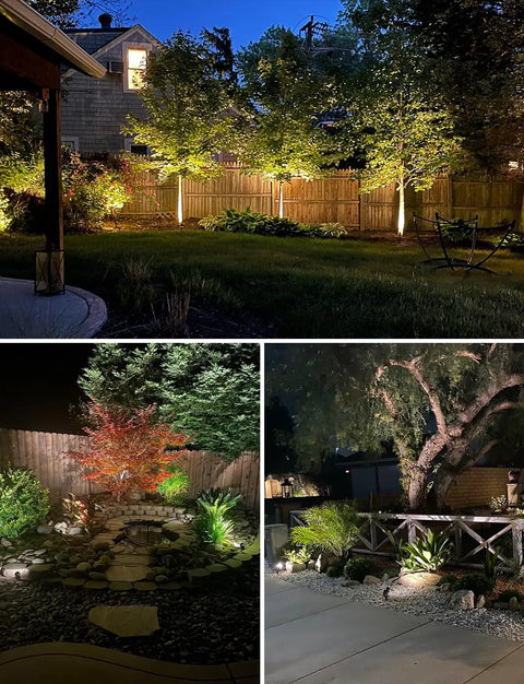 Low Voltage 12W LED Landscape Lights Set 12V Outdoor Waterproof Garden Pathway Lights illuminating backyard and garden