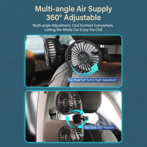 Dual Head Backseat Car Fan With 360 Swivel Rotation Plus Usb Powered Design Brings Sweet Adjustable Cool Airflow, showing 360 adjustability.