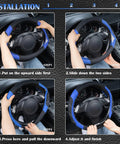 Installation steps for Slick Microfiber Leather Steering Wheel Cover Universal 14.5 To 15 Inch with padded grip and blue stitching.
