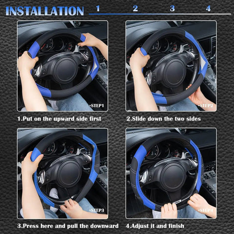 Installation steps for Slick Microfiber Leather Steering Wheel Cover Universal 14.5 To 15 Inch with padded grip and blue stitching.