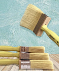 Close-up of All In One Deck Stain And Sealer Block Paint Brush Set with 3, 4, and 6 inch brushes for wood, walls, and fences.