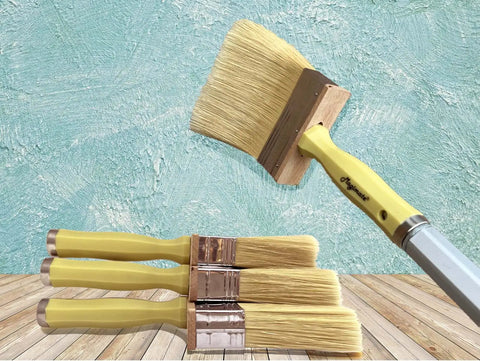 Close-up of All In One Deck Stain And Sealer Block Paint Brush Set with 3, 4, and 6 inch brushes for wood, walls, and fences.