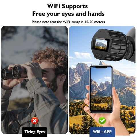 Side-by-side comparison of traditional binoculars and 64GB WiFi Telescope Eyepiece Cam With 1.5 Inch LCD Screen 1080P HD Video for mobile viewing