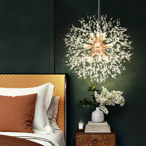 Lit Dandelion Crystal Chandelier With Firework Sparkle 9 Light Gold Pendant Light Fixture illuminating a bedroom beside bed
