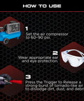 Instructions for using the Mini High Pressure Car Cleaning Tool For Interior Detailing with air compressor and safety gear.