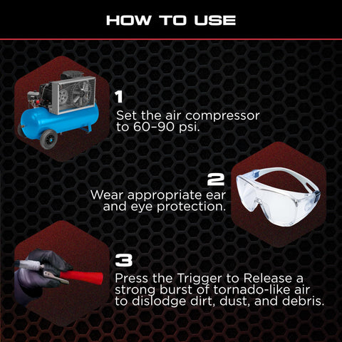 Instructions for using the Mini High Pressure Car Cleaning Tool For Interior Detailing with air compressor and safety gear.