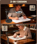 Two people using 10X Magnifying Lamp With Stand And LED Light 2 In 1 for detailed work and crafting at a desk with paper and thread.
