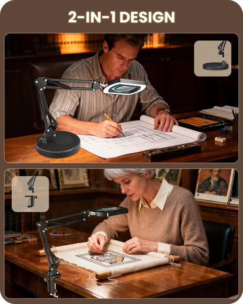 Two people using 10X Magnifying Lamp With Stand And LED Light 2 In 1 for detailed work and crafting at a desk with paper and thread.
