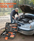 Amazon car emergency tool kit with orange-handled tools in a black case beside a car engine