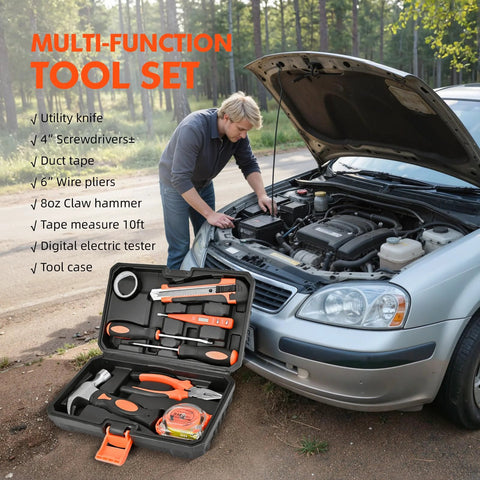 Amazon car emergency tool kit with orange-handled tools in a black case beside a car engine