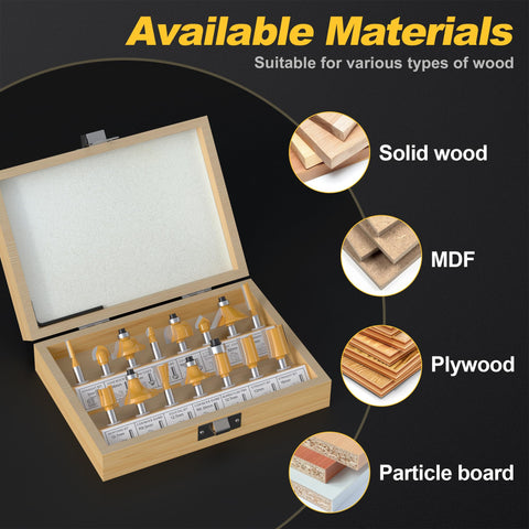 15 Piece Router Bit Set With 1/4 Inch Shank Pro Grade Tungsten Carbide Construction for woodworking in wooden case