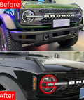 Before and after of Rugged Red Ford Bronco Headlight Guard Cover for 2021 to 2024 Bronco lamp trim protector installation