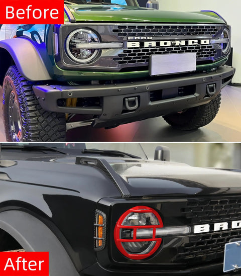 Before and after of Rugged Red Ford Bronco Headlight Guard Cover for 2021 to 2024 Bronco lamp trim protector installation