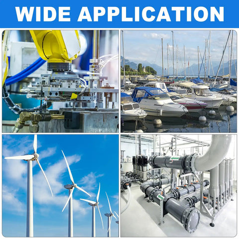 Wide application image showing machinery, boats, wind turbines, and industrial pipes using needle roller bearings 1-1/4 inch bore 1-1/2 inch outer diameter 5/8 inch width chrome steel open end with steel drawn cup cage high precision needle rollers for low friction and heavy duty machine use.