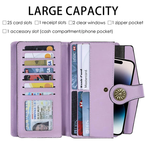 Women's RFID Blocking Trifold Wallet With Large Capacity Card Holder Purse, 25 Card Slots, Clear ID Windows, Zipper Pocket
