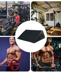 Collage of gym scenes and Ergonomic Black Curl Pad For Home Gym Space Saving Bicep Support with adjustable foam pad.