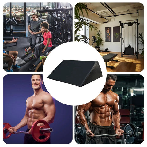 Collage of gym scenes and Ergonomic Black Curl Pad For Home Gym Space Saving Bicep Support with adjustable foam pad.