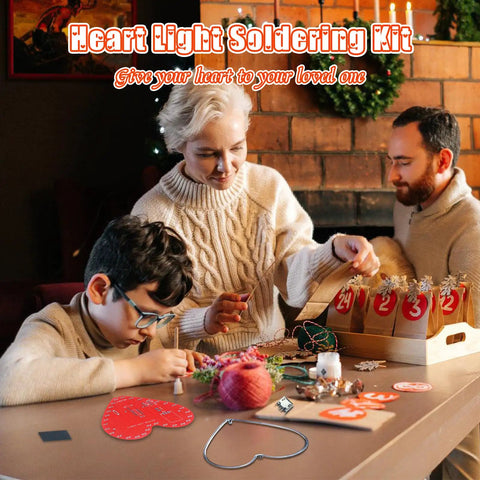Family using Heart Shaped LED Soldering Kit With Diffused 4 Pin RGB LEDs Love Filament DIY Electronics Project For Students