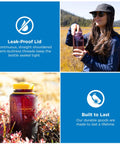 Rugged 32 Oz Wide Mouth Reusable Water Bottle With Tight Seal Black Lid For Travel Workout And Trail Runs shown outdoors with condensation.