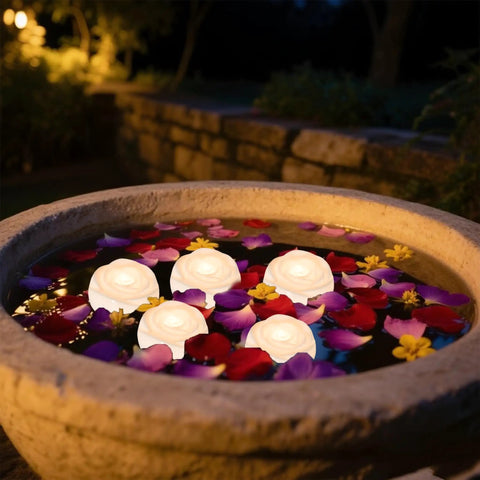 Floating 7 Piece Battery Operated Flameless LED Candles With Remote Timer in water with flower petals, outdoor evening setting