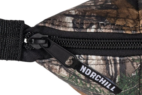 Close-up of zipper on Hella Durable 48 Can Insulated Soft Sided Cooler Featuring Realtree Xtra Camo Shell.