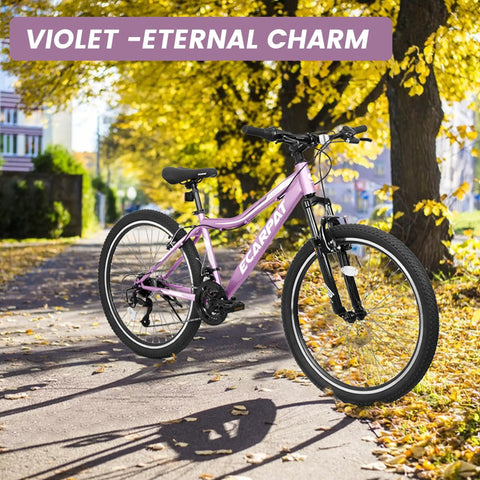 26 Inch Mountain Bike For Adults And Teens With Steel Frame And Suspension Fork, 21 Speed V Brakes, Purple, parked on trail.