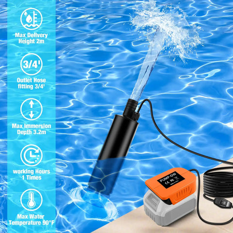 Dead Simple Cordless Submersible Water Pump For DeWalt 20V And 60V Battery in a pool, demonstrating fluid transfer design.