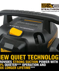 Close-up of StealthSonic 5 Gallon Wet Dry Shop Vacuum Ultra Quiet With 4 HP Power showing handle and quiet technology label