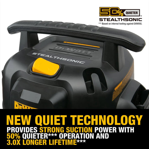 Close-up of StealthSonic 5 Gallon Wet Dry Shop Vacuum Ultra Quiet With 4 HP Power showing handle and quiet technology label