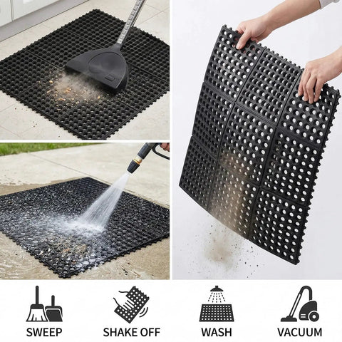 Anti Fatigue Rubber Floor Mat 36 x 36 Inch Interlocking Black Grippy Heavy Duty Anti Slip Kitchen Bar Floor Mat For Restaurant Wet Areas Bath Garage And Garden Use
