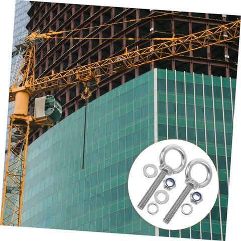 Built Like A Tank Stainless Steel Eye Bolts M10x60 Heavy Duty Hardware Kit With Locking Nuts And Washers against construction site backdrop.