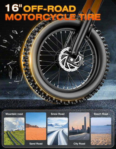 16 inch off-road tire for All Terrain Electric Dirt Bike For Adults And Teens With 4500W Peak Motor, 40 MPH Top Speed