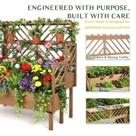 Two Tier Raised Garden Bed With Lattice Trellis For Outdoor Flowers And Veggies, 47.2 Inch Tall Wood Plant Stand With Dual Planting Areas