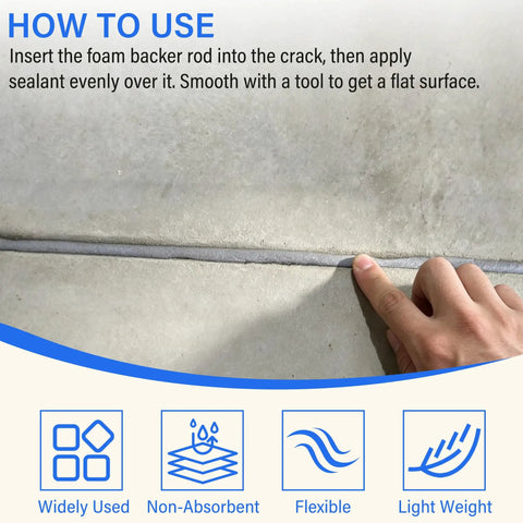 Person inserting Heavy Duty Closed Cell Foam Backer Rod Bond Breaker Cord One Inch Diameter Ten Foot Gray Roll into concrete crack.