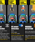 All In One Wall Scanner With Laser Measure And Level 10 In 1 Detects Studs Pipes Wires Metals Behind Walls Fast Edge And Center Marking Made Easy Plus Accurate Angle Meter For DIYers showing metal, AC wire, pipe, and wood detection