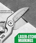 8 Inch Compound Action Tin Snips With Forged Blade For Heavy Duty Metal Cutting Tough Sheet Metal Shears close-up of laser-etched markings