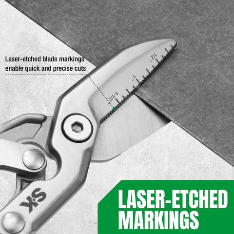 8 Inch Compound Action Tin Snips With Forged Blade For Heavy Duty Metal Cutting Tough Sheet Metal Shears close-up of laser-etched markings