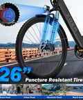 Close-up of High Power 1000W Peak Electric Bike For Adults with 26-inch wheels and front suspension on a road.