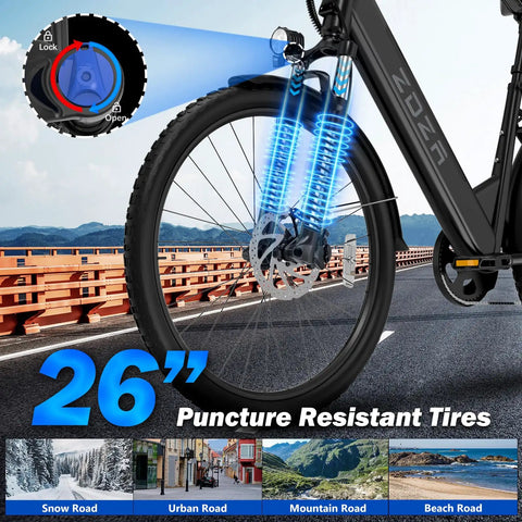 Close-up of High Power 1000W Peak Electric Bike For Adults with 26-inch wheels and front suspension on a road.