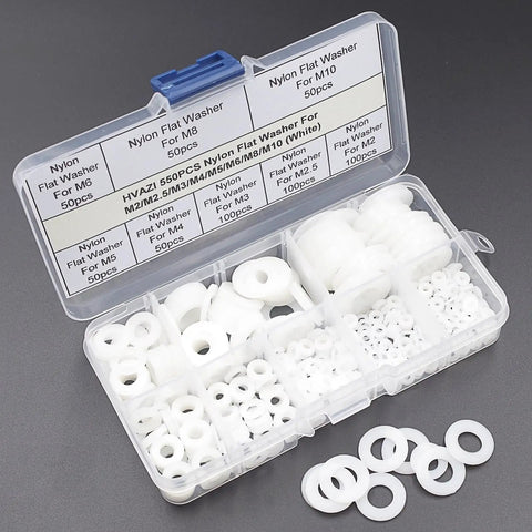 Hella Versatile White Nylon Flat Washer Assortment Kit With M2 Through M10 Metric Sizes For Rock Solid Bolt Securing On Garage Or Shop Projects