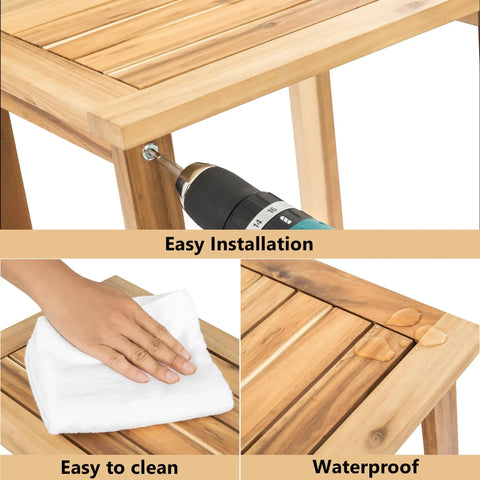 Solid Acacia Wood Side Table With Two Tier Storage For Indoor And Outdoor Use No Fuss Assembly shown during assembly
