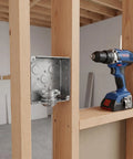 Heavy Duty Conduit Cable Clamps With An Ironclad Grip For No Sweat Electrical Runs Top Shelf High Strength Alloy and Quick Finger Fitment to Keep Your Wired Connections Snug As A Bug Four Piece Set mounted on wooden studs with a power drill nearby.