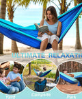 Blue Outdoor Camping Hammock Portable With Tree Straps And Rope, 56 By 103 Inches, Fits 1 To 2 People on beach with person reading