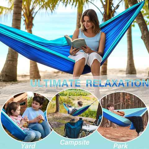 Blue Outdoor Camping Hammock Portable With Tree Straps And Rope, 56 By 103 Inches, Fits 1 To 2 People on beach with person reading