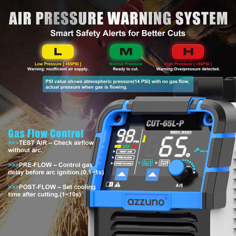 65 Amp Plasma Cutter With Non-Touch Pilot Arc, Dual Voltage 110/220V Inverter, Large LED Display, IGBT Tech, Air Sensor