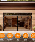 Garage Door Screen For 2 Car 16x7 Feet Retractable Magnetic Self Closing Mesh Net on wooden garage with plants nearby
