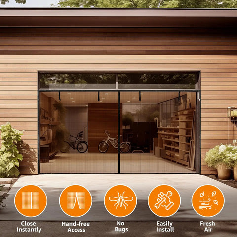 Garage Door Screen For 2 Car 16x7 Feet Retractable Magnetic Self Closing Mesh Net on wooden garage with plants nearby